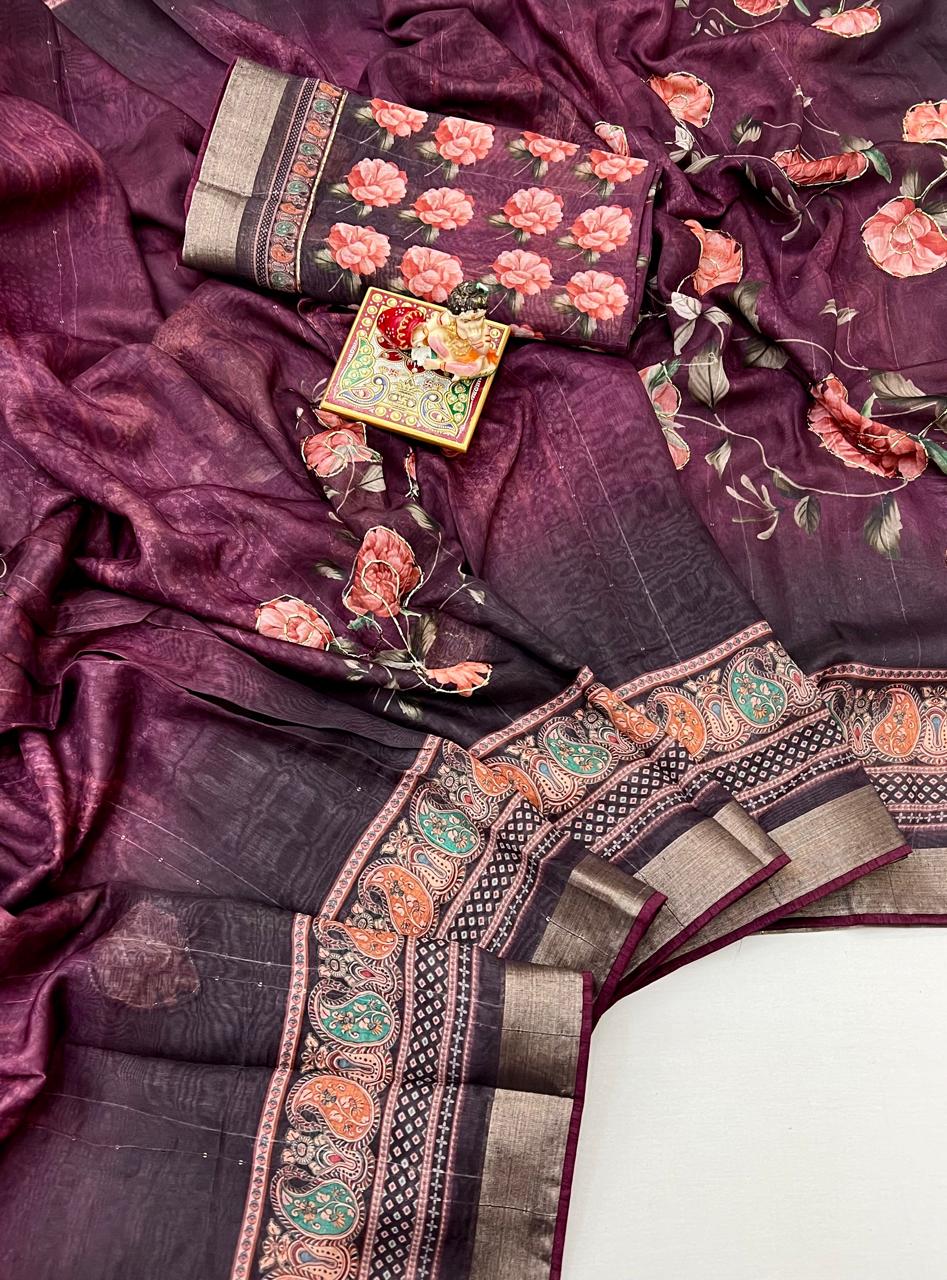 Soft Cotton Wine Digital Print Saree With Work