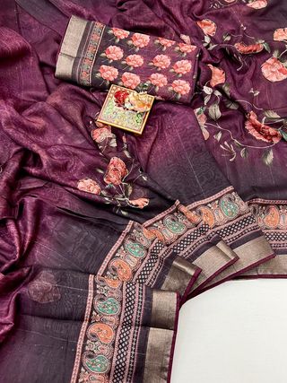 Soft Cotton Wine Digital Print Saree With Work
