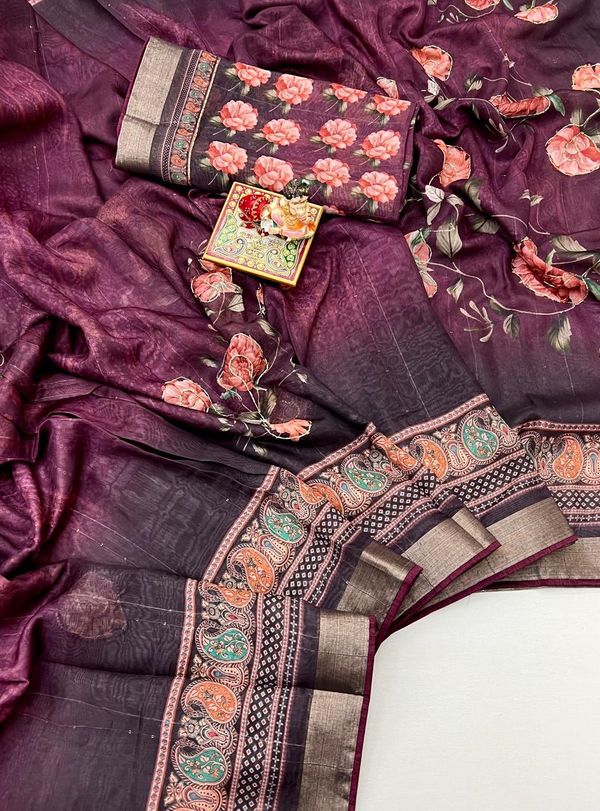 Soft Cotton Wine Digital Print Saree With Work