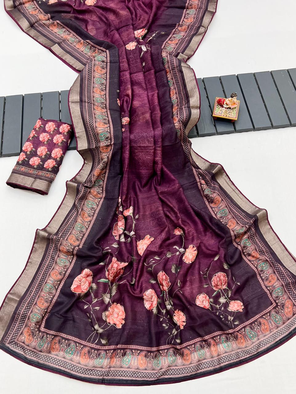 Soft Cotton Wine Digital Print Saree With Work