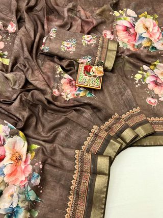 Designer Brown Cotton Digital Print Saree With Blouse