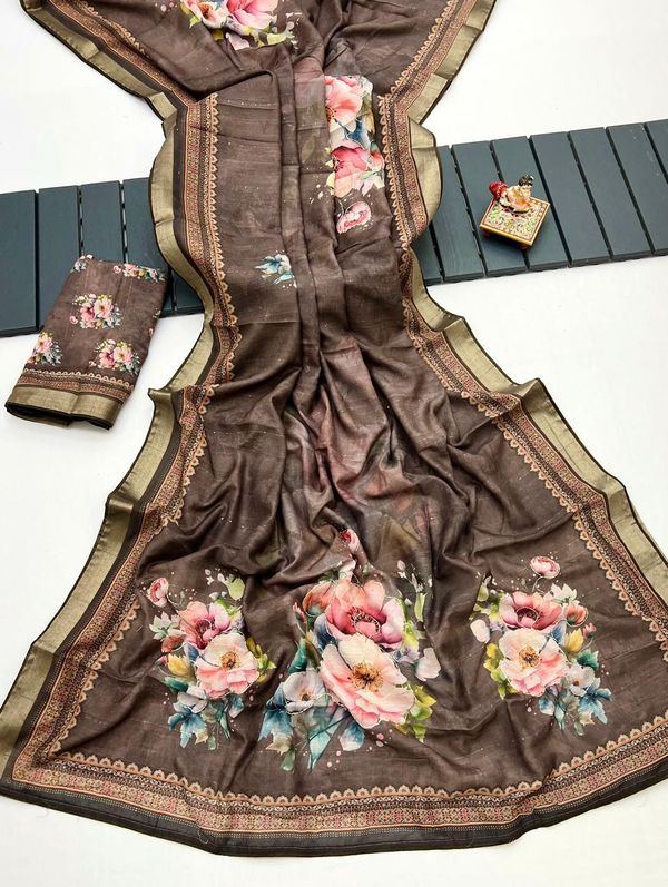 Designer Brown Cotton Digital Print Saree With Blouse