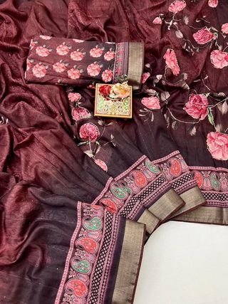 Party Wear Maroon Cotton Saree with Designer Blouse