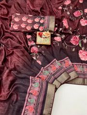 Party Wear Maroon Cotton Saree With Designer Blouse - Maroon