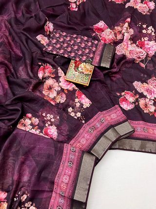 Plum Floral Cotton Saree With CutDana Work Blouse