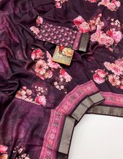 Plum Floral Cotton Saree With CutDana Work Blouse - Purple