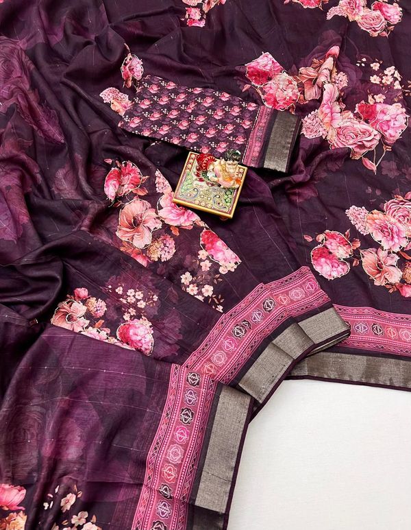Plum Floral Cotton Saree With CutDana Work Blouse