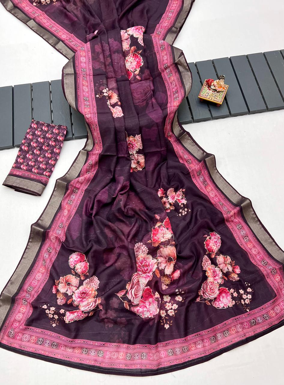 Plum Floral Cotton Saree With CutDana Work Blouse
