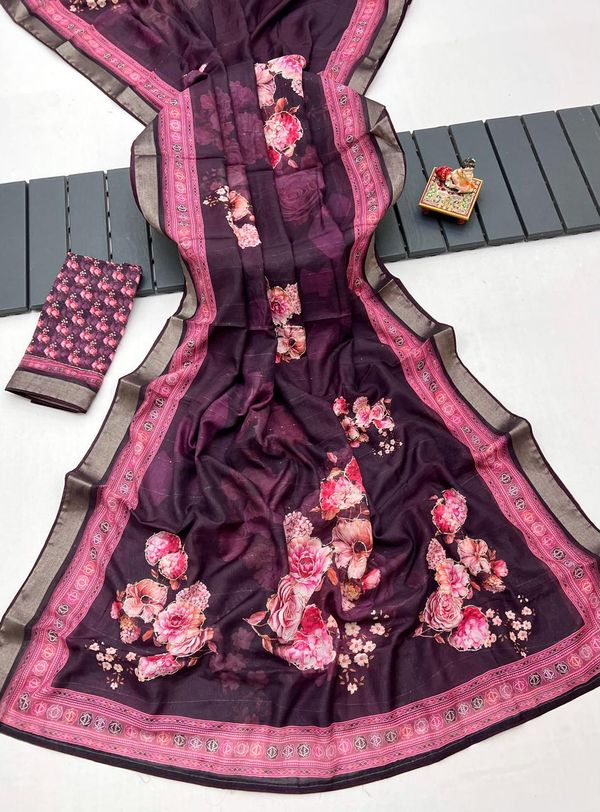 Plum Floral Cotton Saree With CutDana Work Blouse