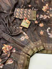 Soft Cotton Brown Digital Print Saree With Work - Brown