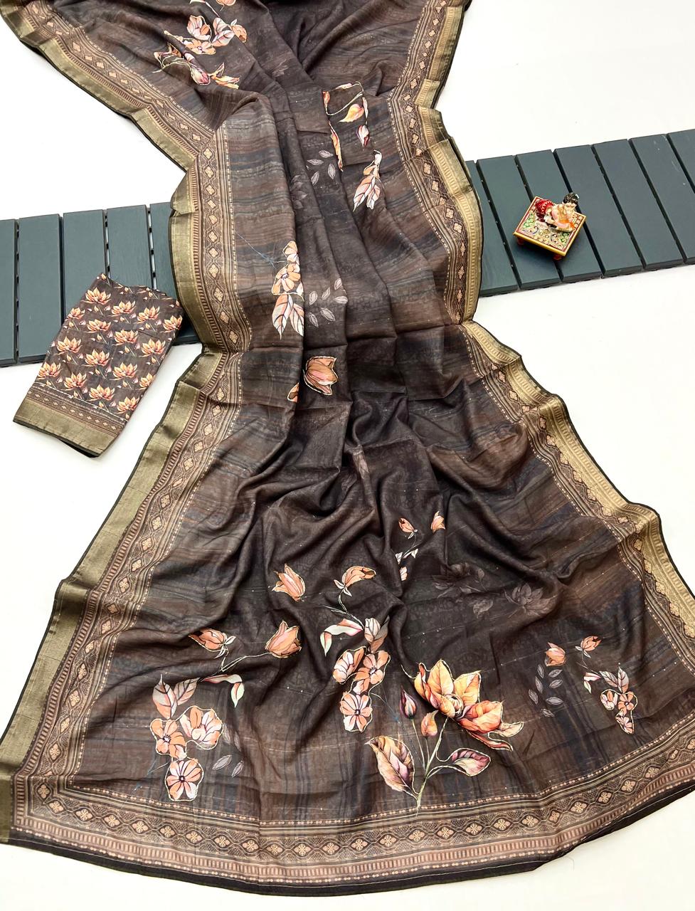 Soft Cotton Brown Digital Print Saree With Work