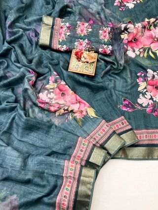 Teal Green Cotton Digital Print Saree With Work Blouse