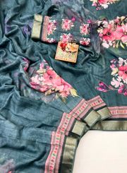 Teal Green Cotton Digital Print Saree With Work Blouse - Teal