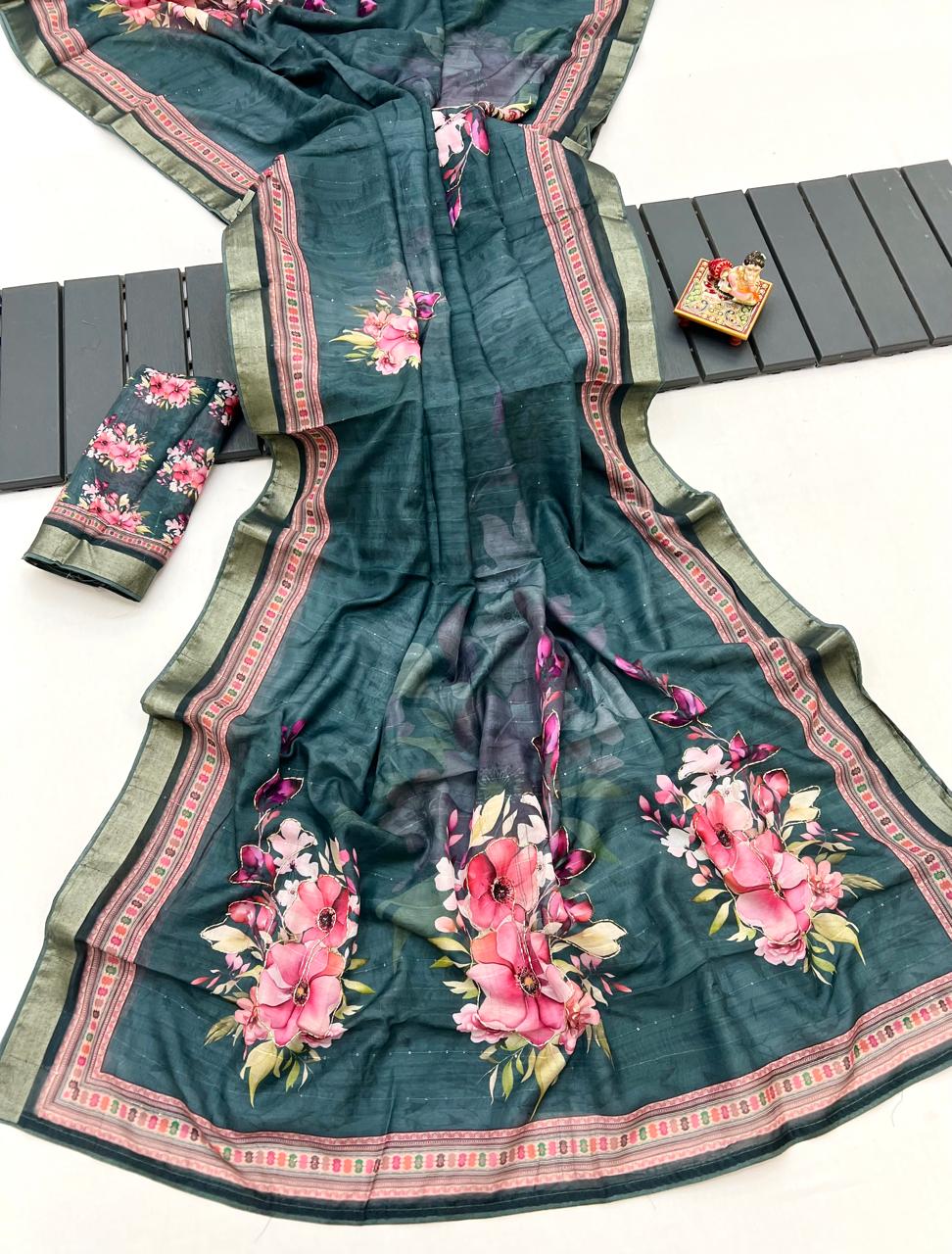 Teal Green Cotton Digital Print Saree With Work Blouse