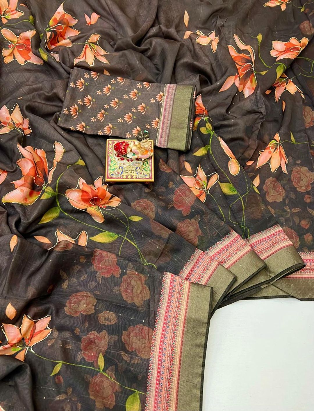 Floral Olive Cotton Saree With Work Blouse