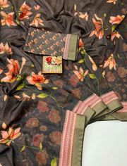 Floral Olive Cotton Saree With Work Blouse - Olive