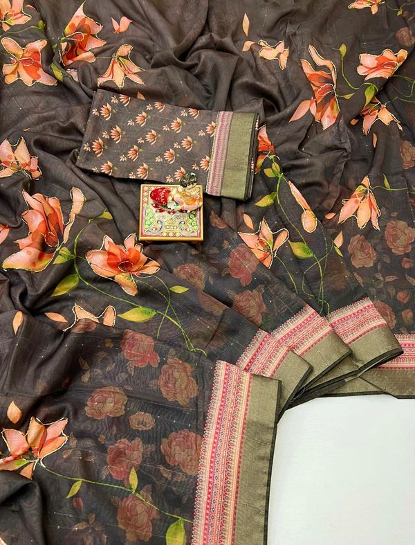 Floral Olive Cotton Saree With Work Blouse