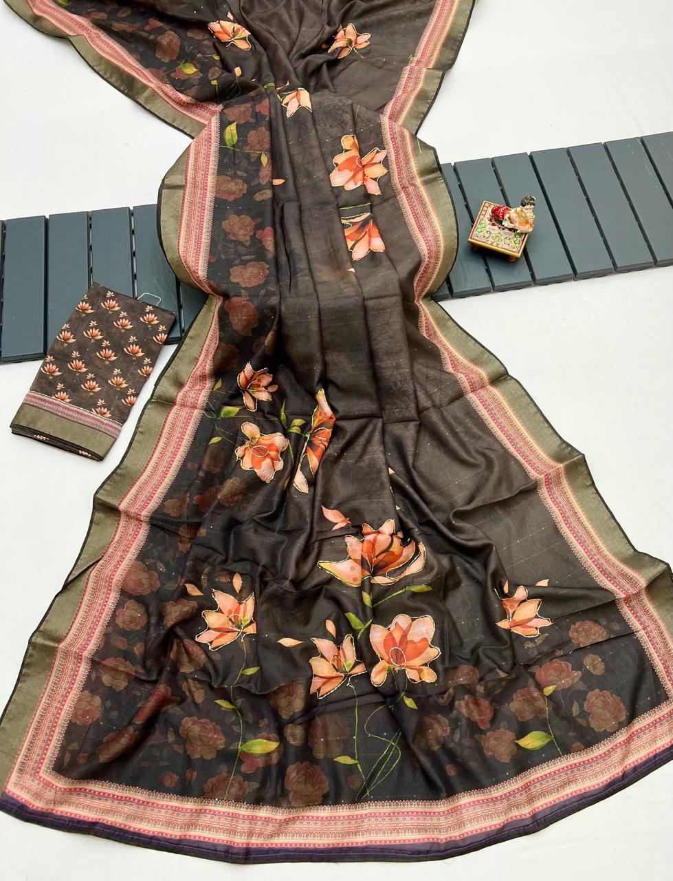 Floral Olive Cotton Saree With Work Blouse