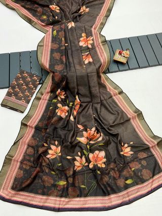 Floral Olive Cotton Saree with Work Blouse