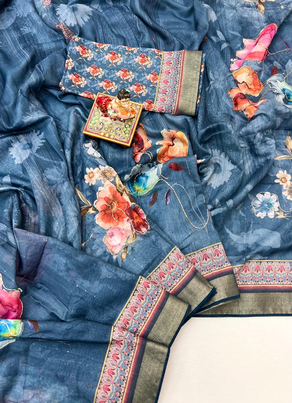 Stylish Blue Floral Cotton Saree With Designer Blouse