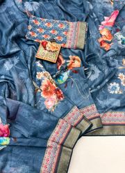 Stylish Blue Floral Cotton Saree With Designer Blouse - Blue