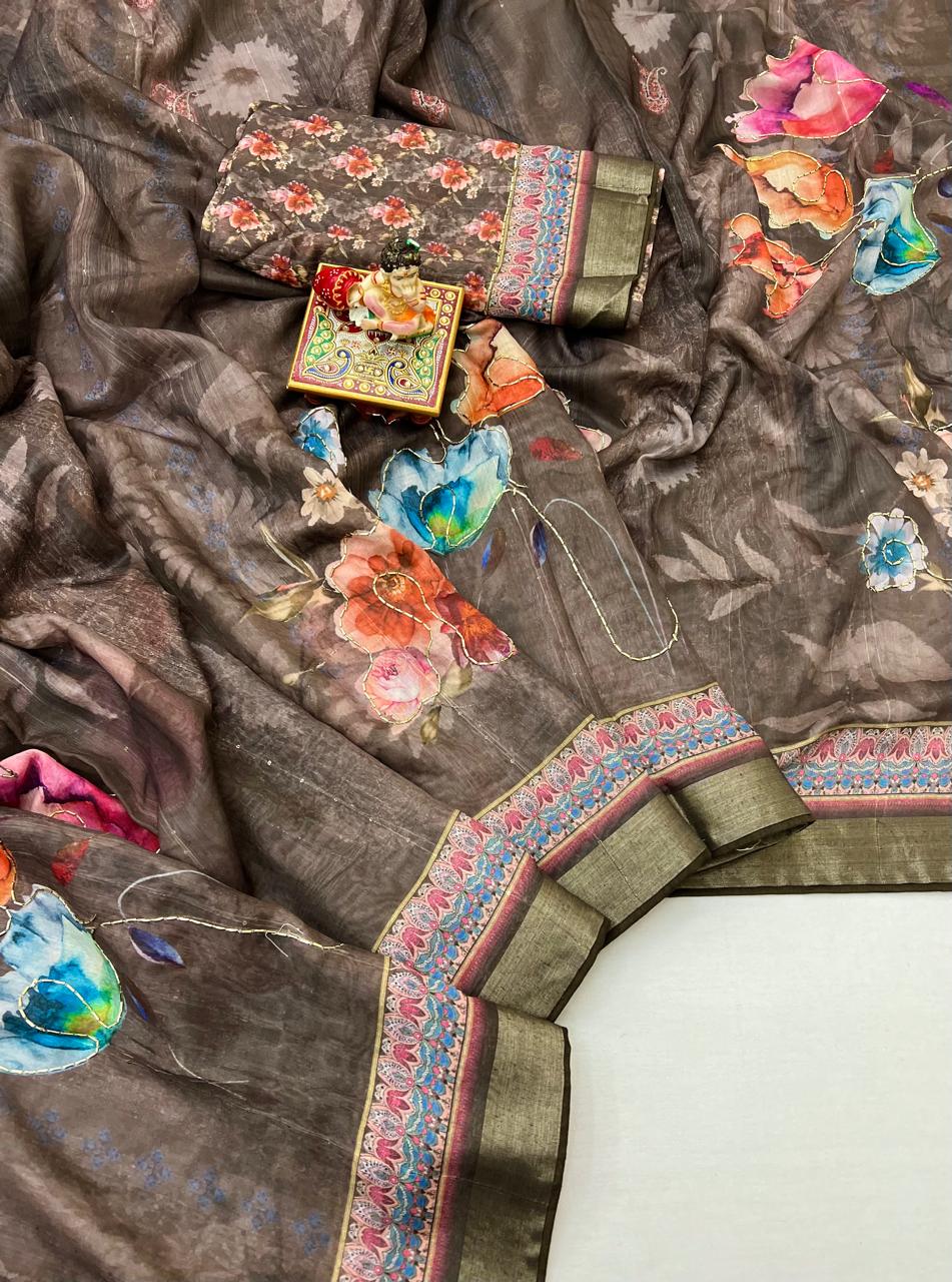 Soft Cotton Taupe Brown Floral Saree With Border