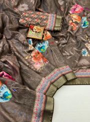 Soft Cotton Taupe Brown Floral Saree With Border - Brown