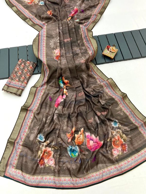 Soft Cotton Taupe Brown Floral Saree With Border