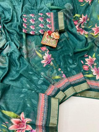 Designer Emerald Green Floral Cotton Digital Print Saree