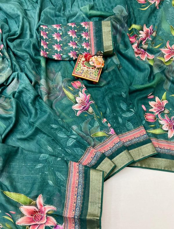 Designer Emerald Green Floral Cotton Digital Print Saree