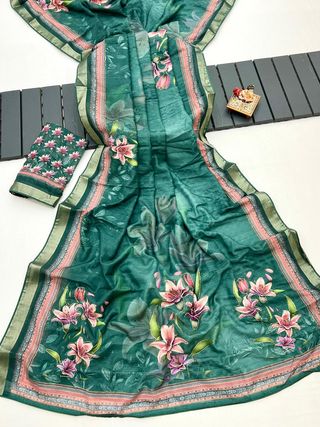 Designer Emerald Green Floral Cotton Digital Print Saree