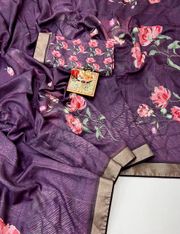 Wine Purple Cotton Digital Print Saree With Work Blouse - wine