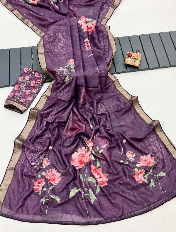 Wine Purple Cotton Digital Print Saree With Work Blouse