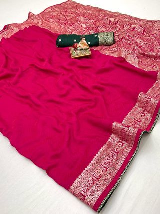 Rani Pink Maslin Silk Zari Woven Saree With Rich Pallu