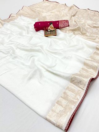 Designer Off White Maslin Silk Zari Saree