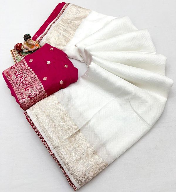 Designer Off White Maslin Silk Zari Saree