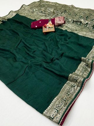 Bottle Green Maslin Silk Zari Woven Saree with Rich Pallu