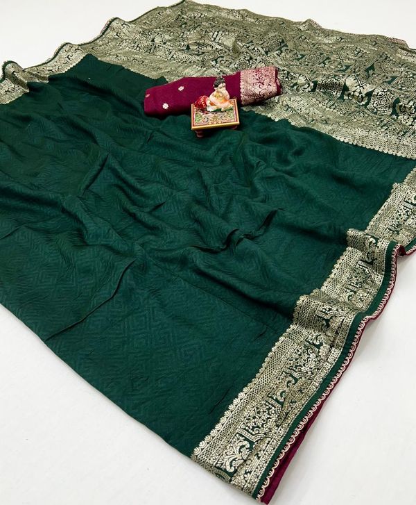 Bottle Green Maslin Silk Zari Woven Saree With Rich Pallu