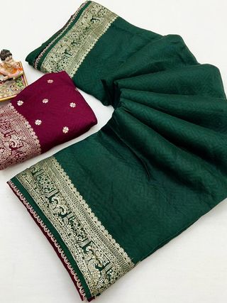 Bottle Green Maslin Silk Zari Woven Saree with Rich Pallu
