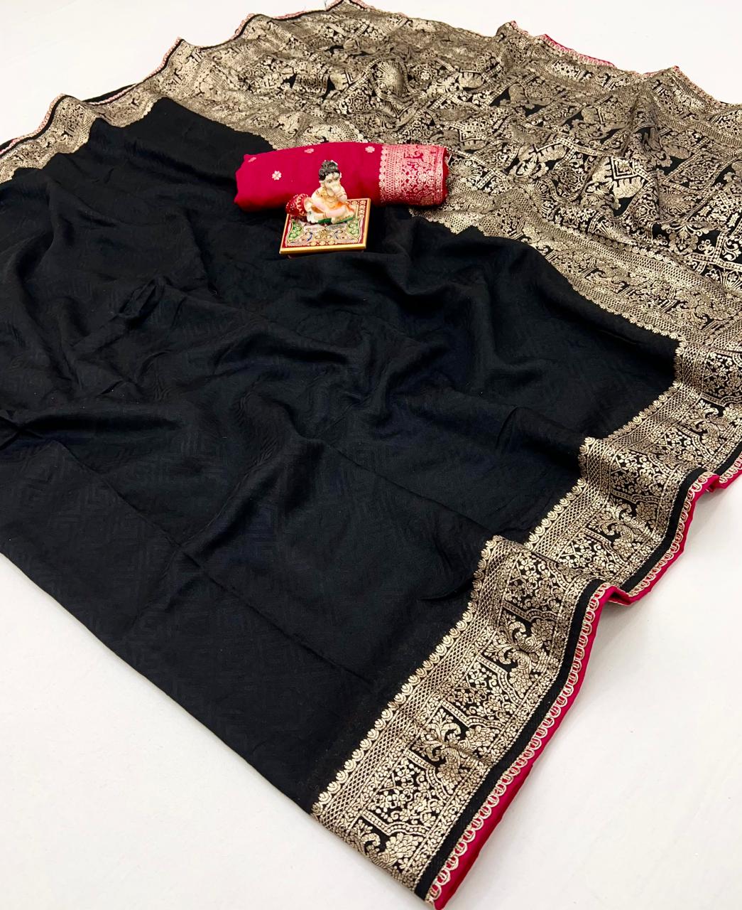 Festive Black Maslin Silk Saree With Woven Blouse