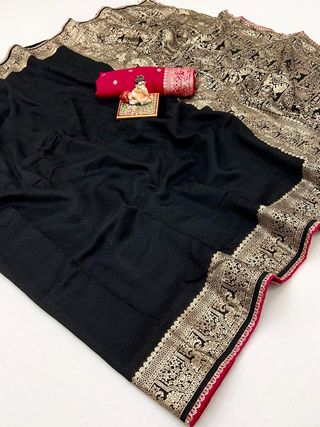 Festive Black Maslin Silk Saree With Woven Blouse