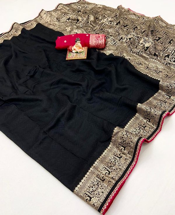 Festive Black Maslin Silk Saree With Woven Blouse