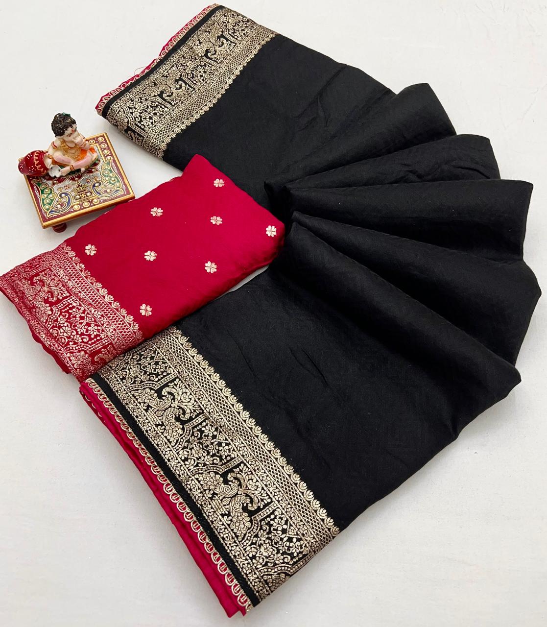 Festive Black Maslin Silk Saree With Woven Blouse