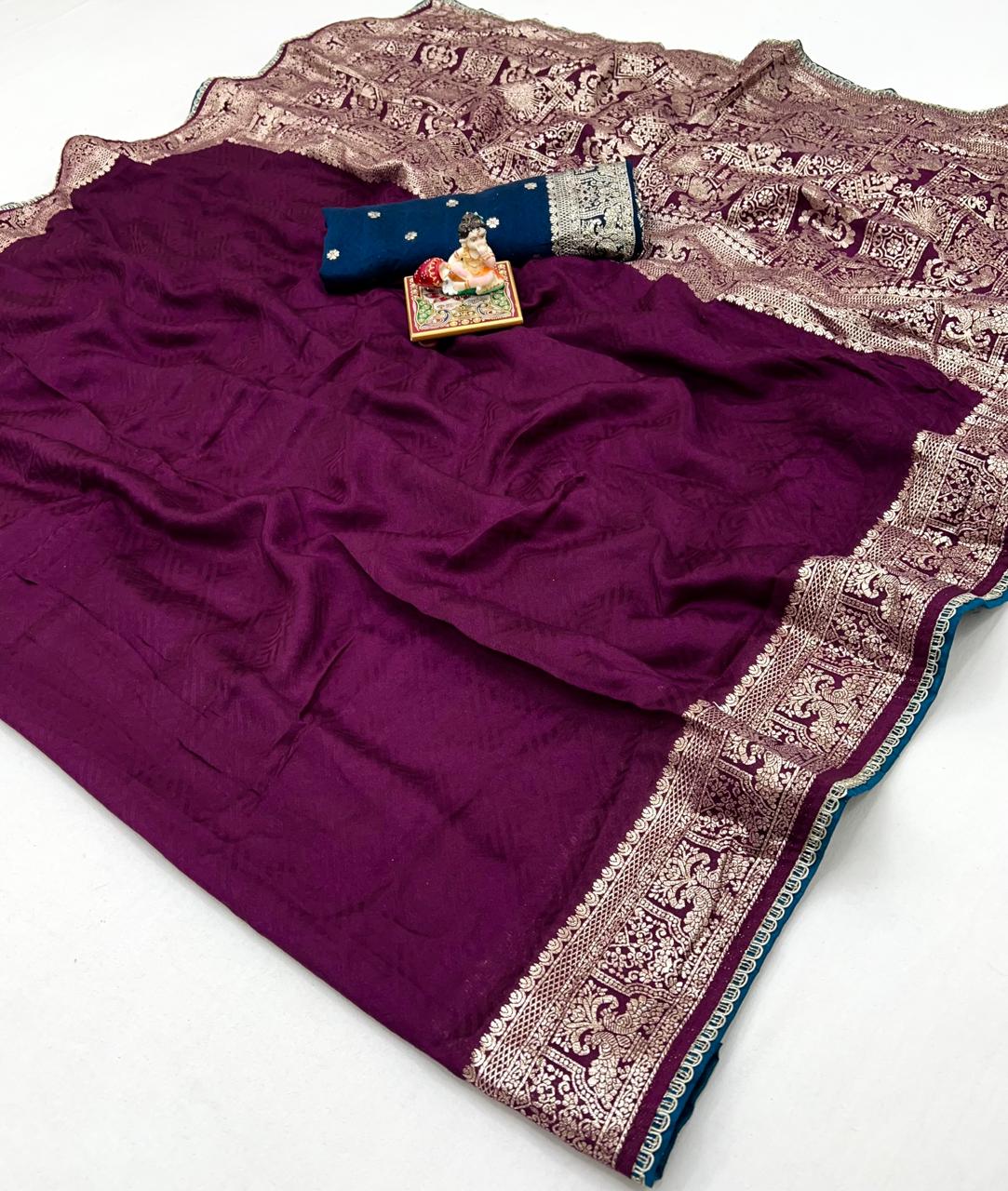 Party Wear Wine Maslin Silk Saree With Zari Work