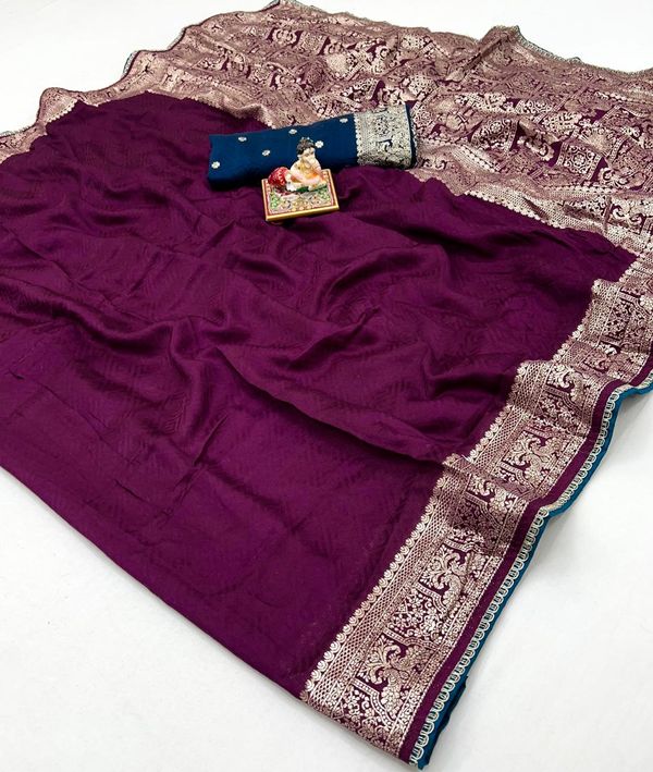Party Wear Wine Maslin Silk Saree With Zari Work