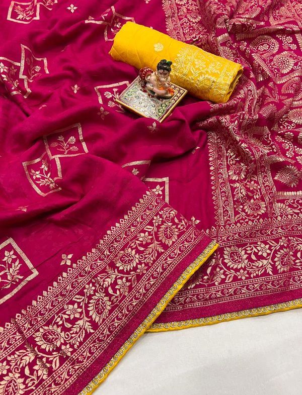 Premium Rani Pink Maslin Silk Saree with Gold Zari