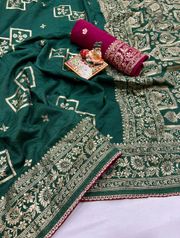 Elegant Bottle Green Maslin Silk Saree with Zari Pallu - Green