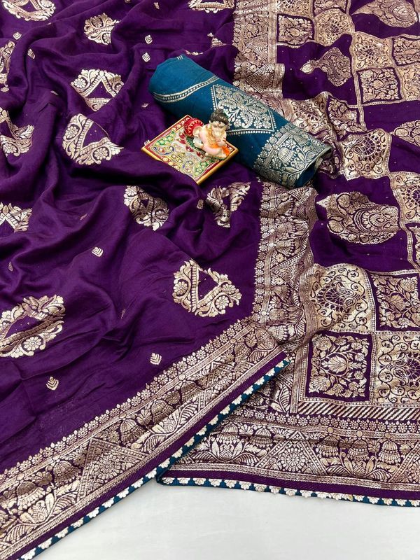 Traditional Deep Purple Maslin Silk Zari Work Saree