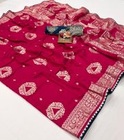 Premium Red Maslin Silk Saree with Gold Zari Work - Red