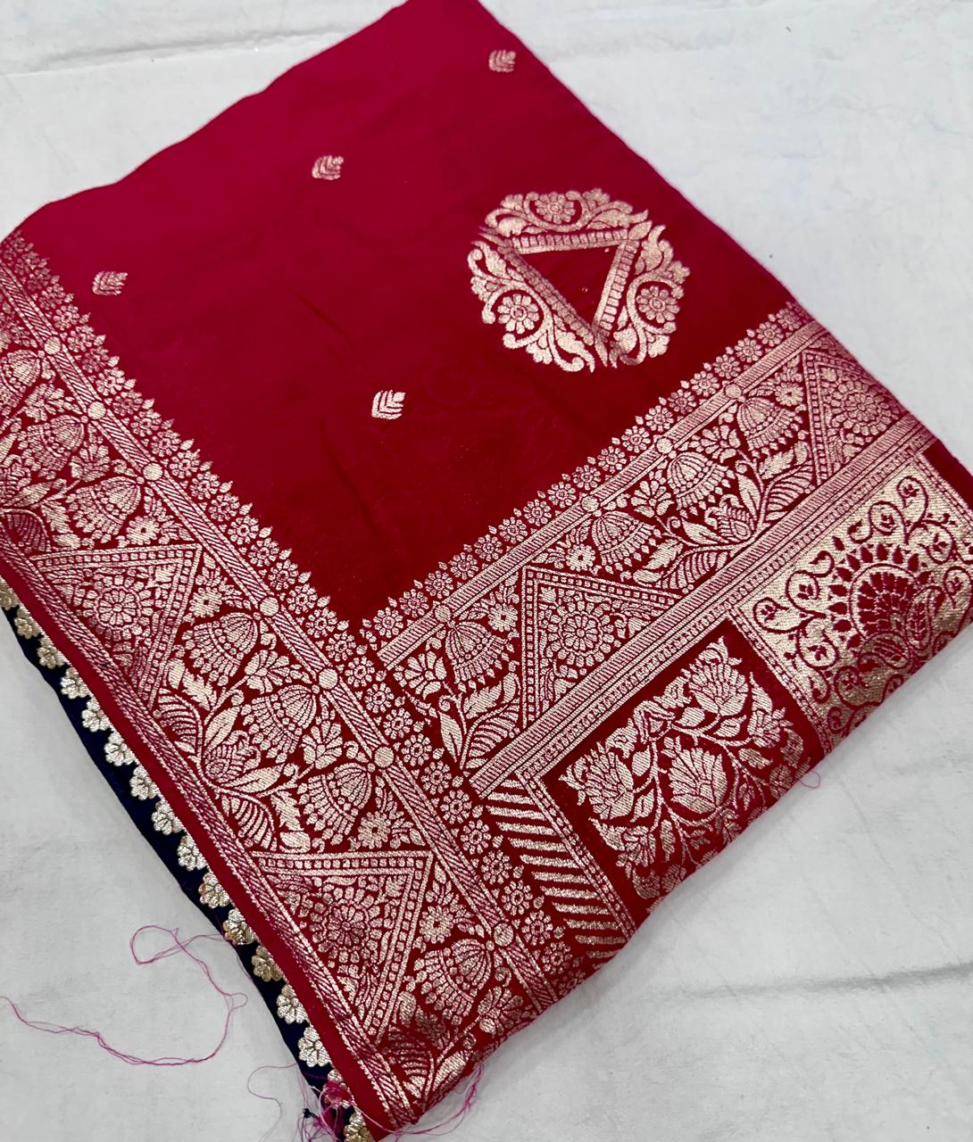 Premium Red Maslin Silk Saree with Gold Zari Work